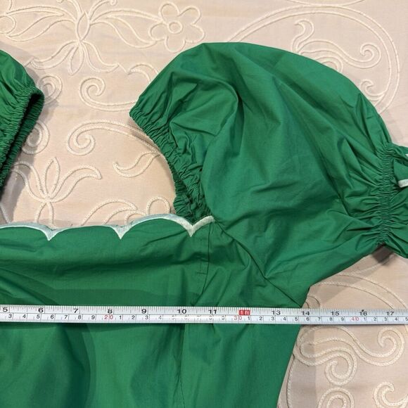 English Factory Scallop Tiered Green Dress Size XS Puff Sleeve Open Back Midi - Picture 11 of 12